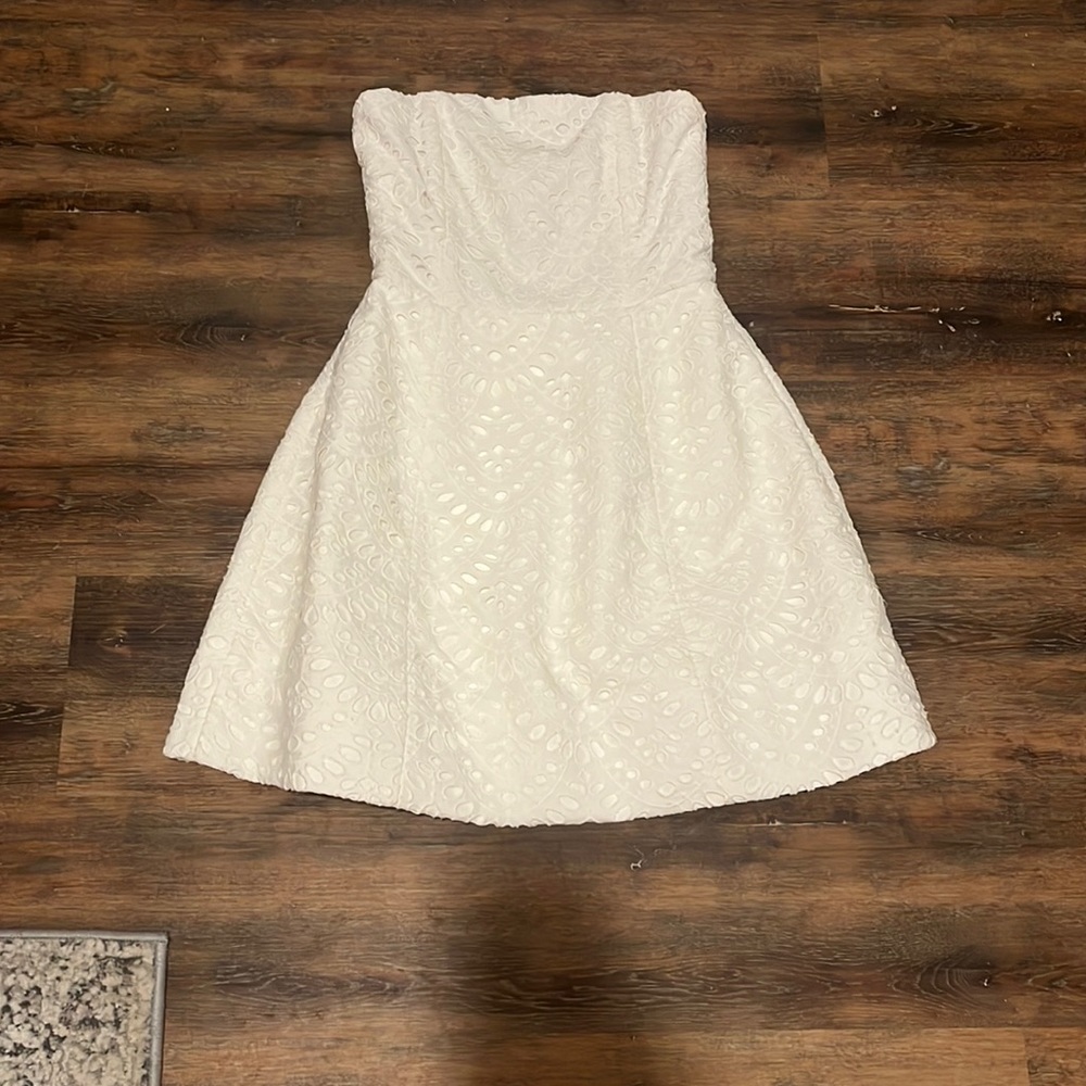 White strapless Alice and Olivia eyelet dress